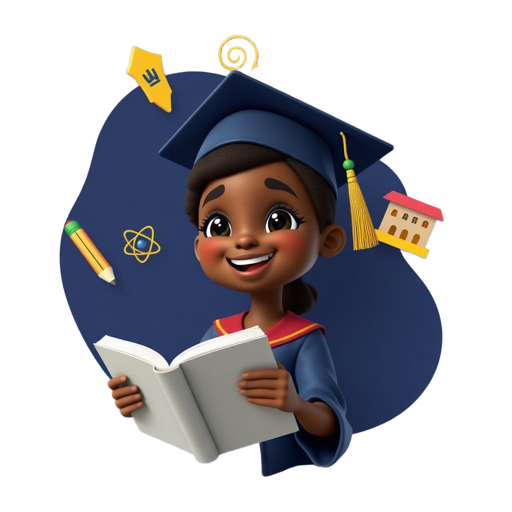 Illustration of a Tanzanian graduate reading a book with floating academic icons